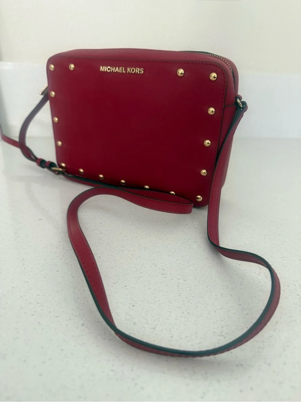 Michael Kors Red Sandrine Safffiano Leather Crossbody with Gold Studs
